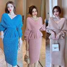 2025秋冬长袖针织V领性感时尚荷叶边上衣+包臀裙两件套套装6144