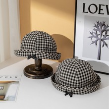 棋盘格渔夫帽蝴蝶结盆帽遮阳百搭帽子女薄款透气日系可爱翻檐帽