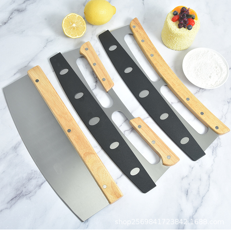 Stainless Steel Pizza Knife Semi-Circular Noodle Knife Double Handle Rocking Knife Nougat Pancake Cutter Kitchen Baking Tools