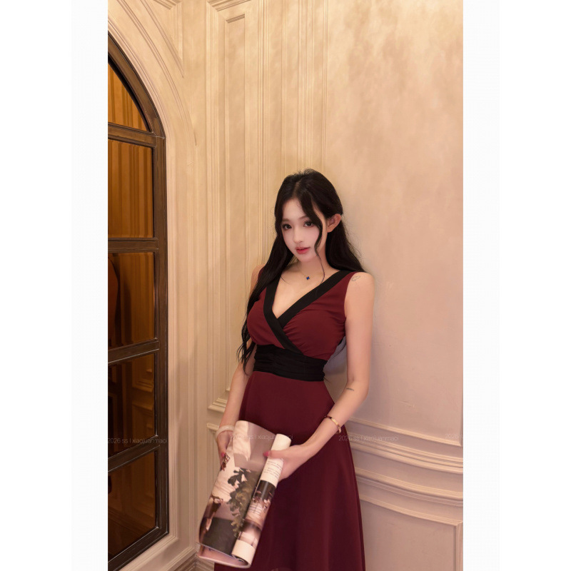 Southern Red Bean Purple V-Neck Waist-Cinching Backless Dress for Women Spring/Summer Mesh Midi Dress Southern Red Bean Purple V-Neck Waist-Cinching Backless Dress for Women Spring/Summer Mesh Midi Dress