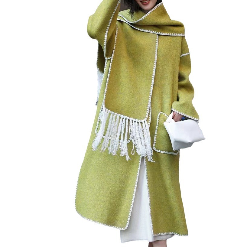 Women's Clothing Double sided Woolen Long Sleeves with Scarf and Tassel Long Tops and Windbreaker Jackets_voghion.com