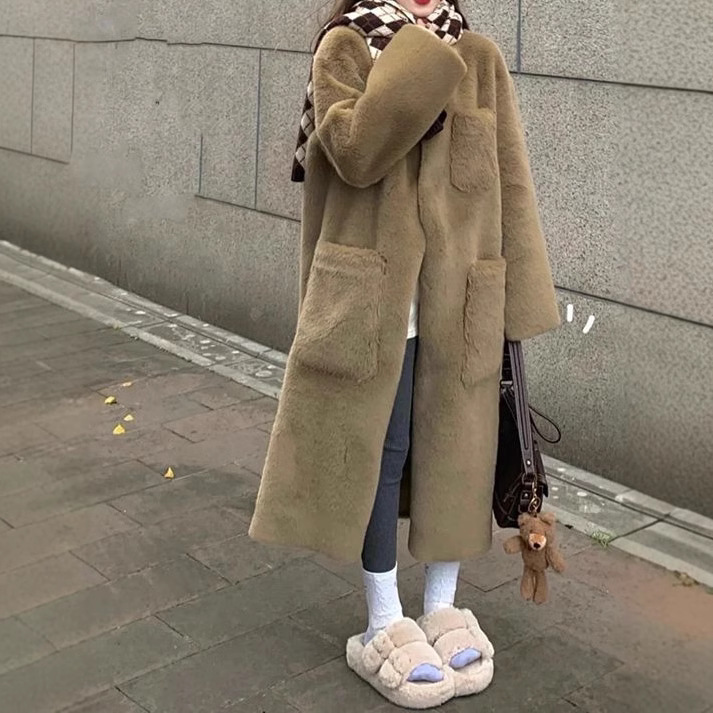 친환경 모피 겨울 모피 원피스 중장 두꺼운 밍크 양털 무릎 위로 게으른 바람 마오 마오 코트
