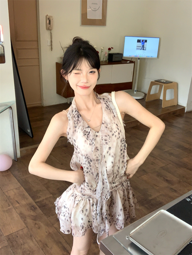 여름 여성용 프렌치 디자인 레오파드 프린트 홀터넥 러플 셔츠 탑 헤비 듀티 플리츠 스트랩 조끼 쉬폰 셔츠