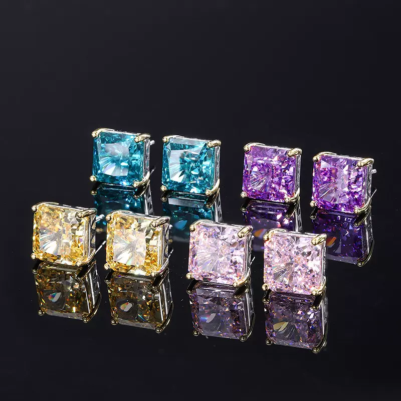 庄生生珠宝S925通体银高碳钻彩宝款公主方耳钉主石10*10耳饰女