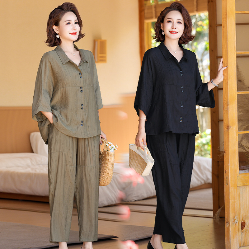 Mother's Summer Short-sleeved Middle-aged Women's Suit Summer New Style Western-style Age-reducing plus size Women's Loose Belly-covering Two-piece Suit