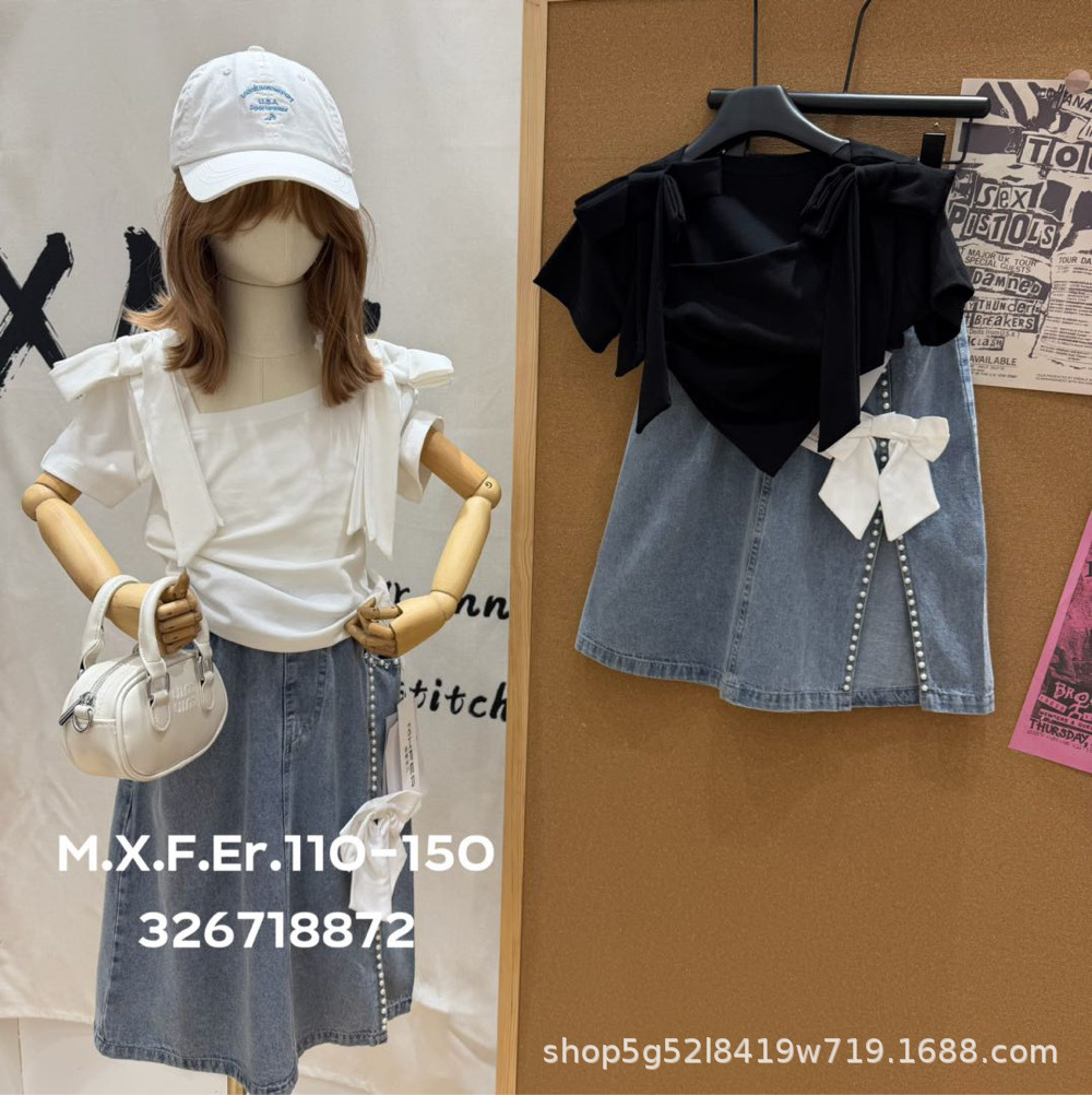 奶萌女童套装110-150码2026夏款女孩韩版洋气蝴蝶结两件套 名2671