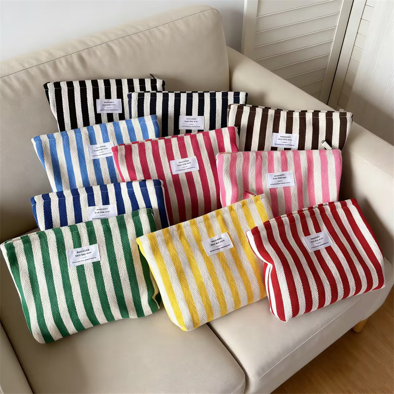 Ins Fresh Stripesd Cosmetic Bag Women's Simple High-Looking Clutch Bag Going Out Large-Capacity Toiletry Bag Cosmetics Bag