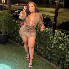 欧美风2025新款春季时尚数码印花性感荡领低胸高腰修身包臀连衣裙