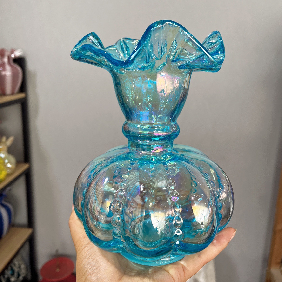 Vintage风中古风复古玻璃花瓶 彩虹色轻蓝珠光南瓜芬顿风法式花器