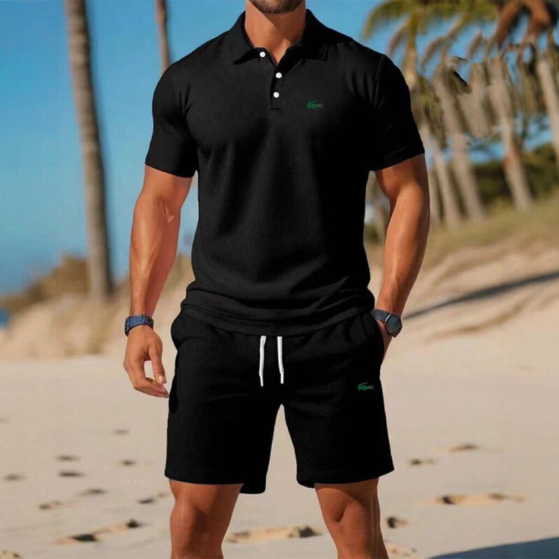 2026 Summer Men's Black Short-Sleeved Polo Shirt + Shorts Casual Sports Suit Simple and Stylish Quick-Drying and Breathable 2026 Summer Men's Black Short-Sleeved Polo Shirt + Shorts Casual Sports Suit Simple and Stylish Quick-Drying and Breathable