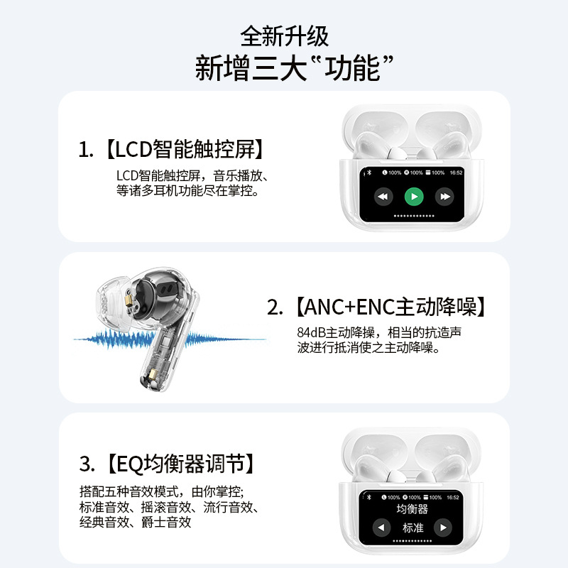Equipado con auriculares Bluetooth de alta calidad de cinco generaciones Huaqiang Bei a9pro ANC reducción de ruido pantalla táctil de larga duración reducción de ruido de radio