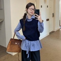 学院风蓝色格子衬衫女2025新款小众别致上衣春秋季衬衣马甲两件套