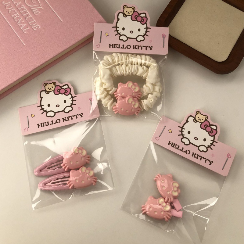 Cute rosa gatito conjunto de adornos de cabello dulce niña dibujos animados cuerda de cabello clip de boca de pato clip de cabello frisa clip