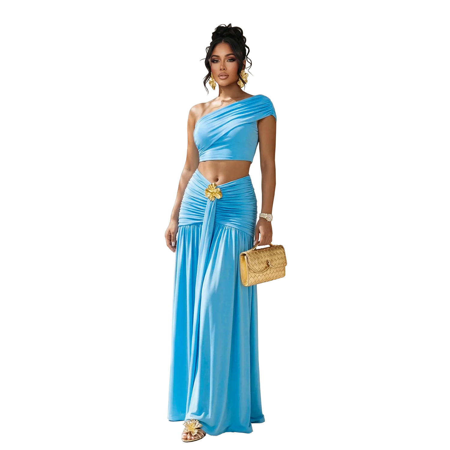 C7675 Aliexpress transfronterizo Amazon Europa y América moda de mujer sexy hombro inclinado blusa de ombligo vestido de traso conjunto