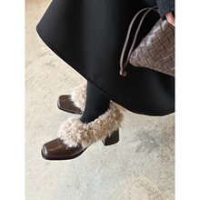 牛皮版高跟毛毛鞋女加绒保暖方头单鞋一脚蹬乐福鞋粗跟小皮鞋棉鞋