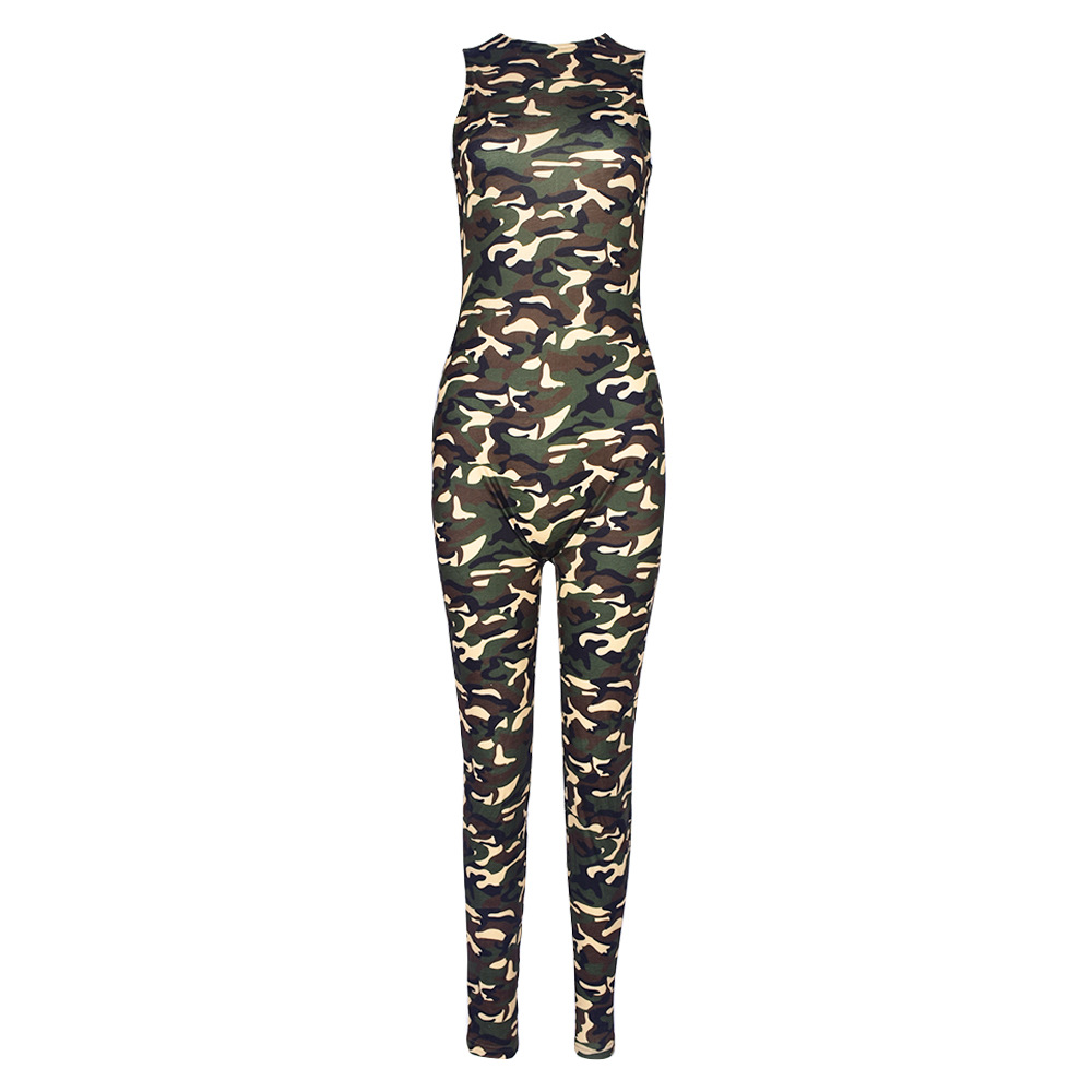 Autumn Winter Camouflage Sexy round Neck One Piece Sleeveless Long Tight Jumpsuit