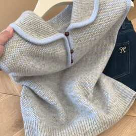 蓝灰色娃娃领羊毛针织马甲背心女韩系氛围感拼色无袖毛衣秋冬上衣