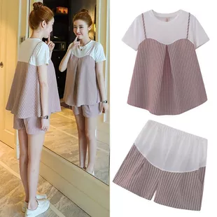 Maternity Two-Piece Set, Women's Summer T‑Shirt & Belly‑Support Shorts, Short Sleeve Loose Fit