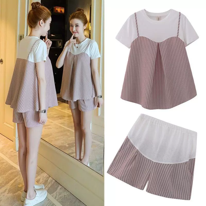 Maternity Two-Piece Set, Women's Summer T‑Shirt & Belly‑Support Shorts, Short Sleeve Loose Fit