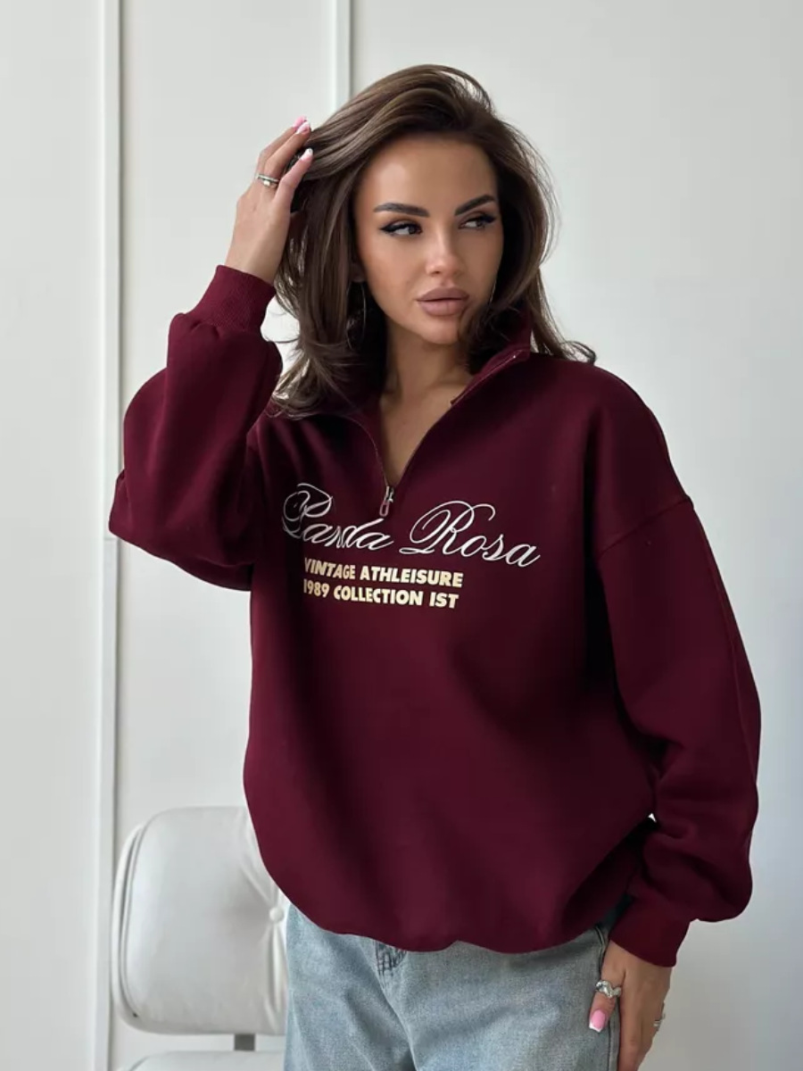 Felpa con cappuccio, mezza zip, calda, larga, foderata in pile, autunno-inverno, versatile, con stampa sul davanti_voghion.com