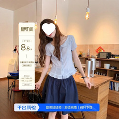 芝士兔 条纹衬衫女miu系学院风拼接花边下摆显瘦衬衣气质短袖上衣