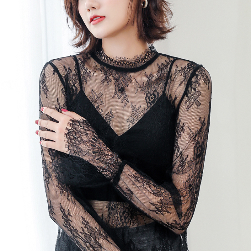 Lace Top Women's Mesh Bottoming Shirt Long-Sleeved See-Through Sexy Bell-Sleeved Fashionable 2023 Early Autumn Inner Shirt