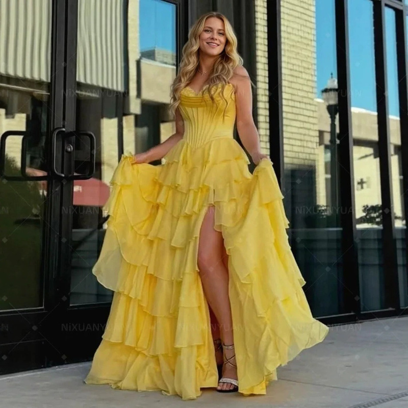2026 New Style Strapless Corset Waist Slit Evening Gown Prom Dress Overseas Warehouse Adult Ceremony Dress