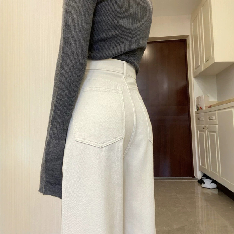2026 Spring and Autumn White Women's Jeans: Slim-Fit Straight-Leg Pants, Slimming, Versatile, Casual, Stylish Wide-Leg Pants