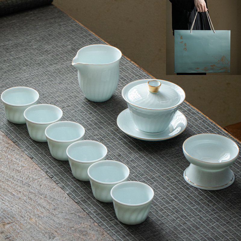 ギフト工夫茶器セット卸売り家庭用ロゴ蓋碗提梁壺開業徳化陶磁器茶器セット|undefined