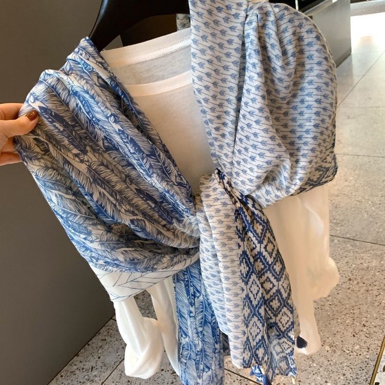 Silk Scarf for Women Summer Korean Style Versatile Thin Gauze Scarf Cotton and Linen Scarf Blue Feather Tassel Beach Towel Sun Protection Shawl Silk Scarf for Women Summer Korean Style Versatile Thin Gauze Scarf Cotton and Linen Scarf Blue Feather Tassel Beach Towel Sun Protection Shawl