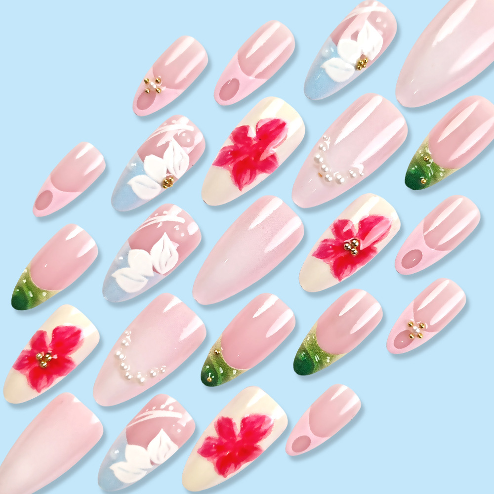 Transfronterizos estereotipos en relieve perforación de manicuras delicadas flores románticas para usar uñas de almendras 24 piezas de parche de uñas