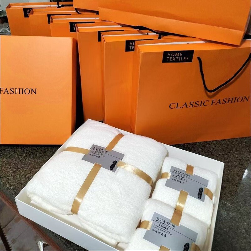 Orange box bath towel, high-end coral fleece towel three-piece set, absorbent, wedding gift box set, soft, suitable for business events