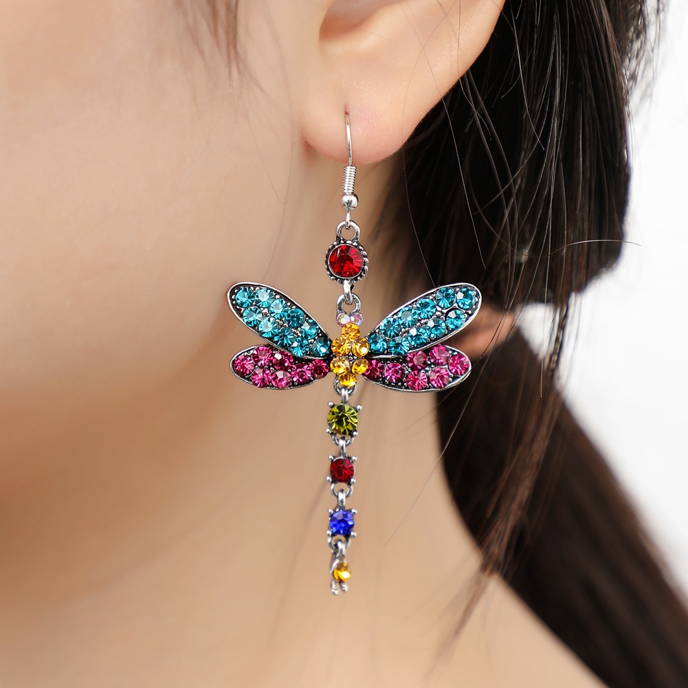 1 Pair Retro Dragonfly Alloy Inlay Rhinestones Women's Drop Earrings display picture 1