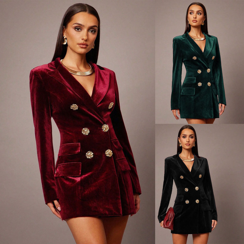 Cross-Border European and American Velvet Jacket for Women 2026 New Style Lapel Elegant British Style Double-Breasted Slim-Fit Suit Dress