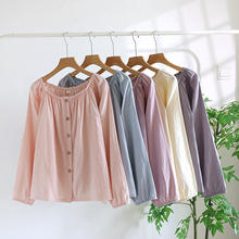 全棉纱布圆领睡衣长袖单件上衣女士四季薄款空调房纯色家居服外套