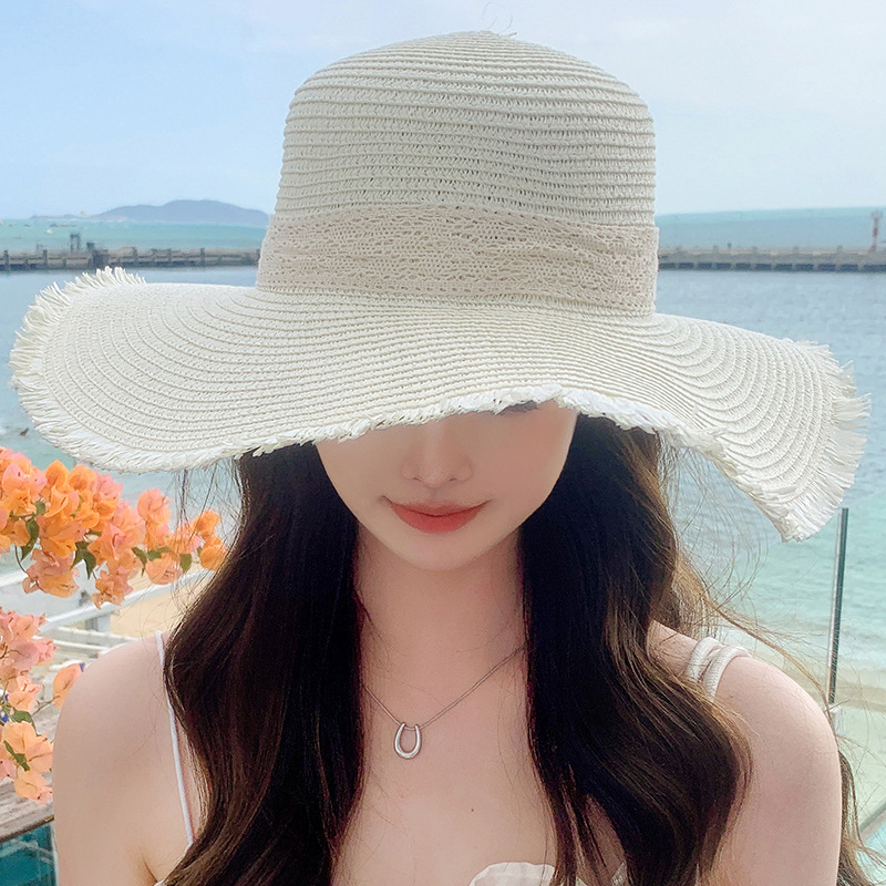 Korean Version of Small Fresh Sweet Fashionable Sunshade Hat for Women in Summer Large Brimmed Ribbon Outdoor Hat Large Brim Sun Hat Straw Hat_voghion.com