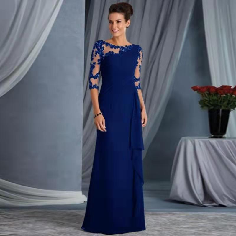 Comercio exterior de Europa y América Amazon AliExpress deseo nuevo cuello redondo encaje apliques vestido noche largo que adelgaza