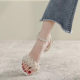 Wholesale summer new crystal block heel sandals women's mesh pearl word with high heel Roman shoes fairy style with skirt