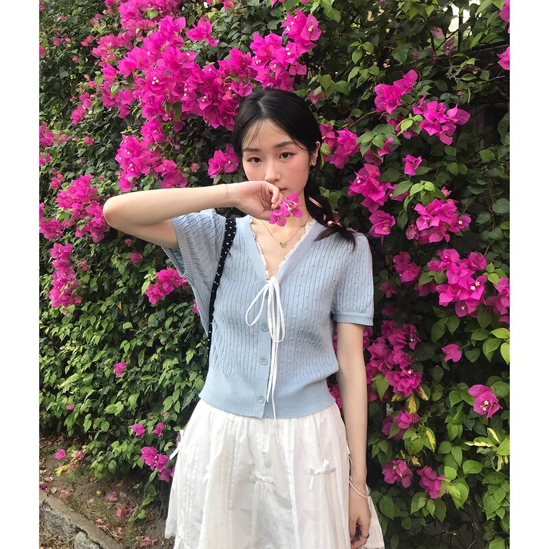 甘いスタイルのレースアップ薄手半袖アイスシルクニットセーターTシャツレディース新デザイントップカーディガンジャケット|undefined