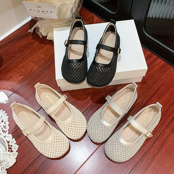 2025 Summer New Style Single-layer Shoes Women's Retro One-character Buckle Fishnet Shoes Korean Style Hollow-out Breathable French Style Mary Jane Shoes