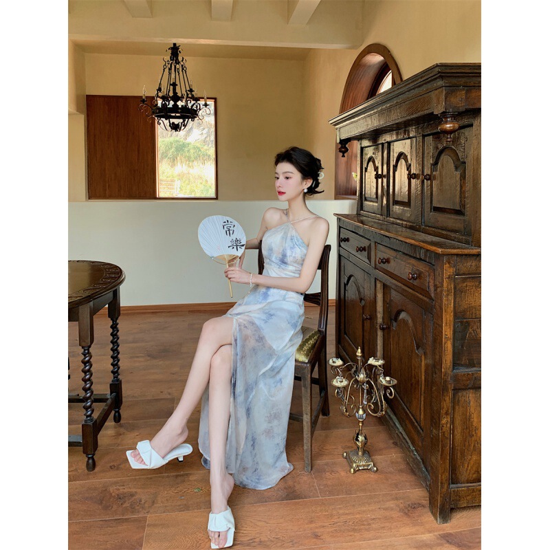 Halter Neck Printed Suspender Dress Spring 2025 New Women's Chiffon Slit Backless Skirt Tea Color Halter Neck Printed Suspender Dress Spring 2025 New Women's Chiffon Slit Backless Skirt Tea Color