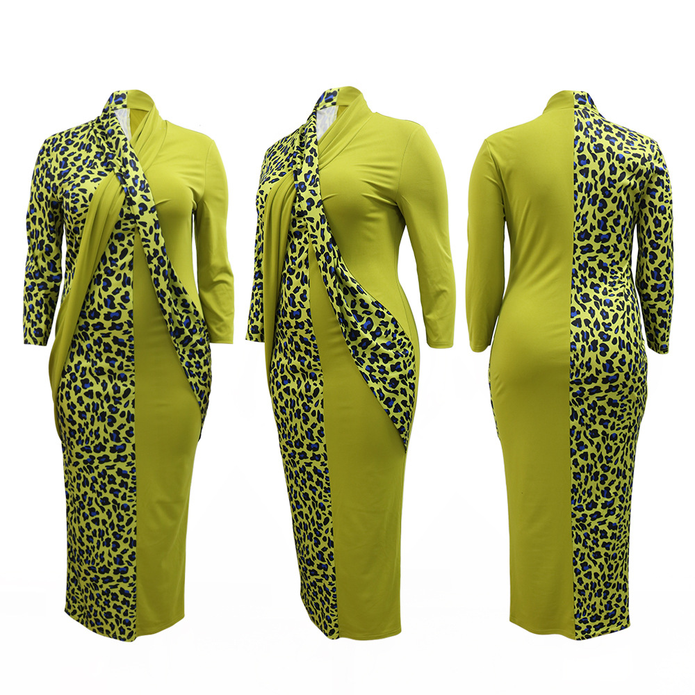 Plus Size Long Sleeved Leopard Print Stitching Sheath Dress NSCYF112354