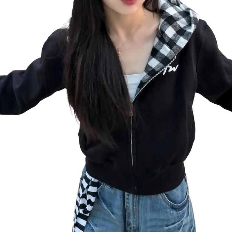 美式复古黑白格子拼接连帽卫衣女秋冬新款宽松慵懒风开衫短款外套|undefined