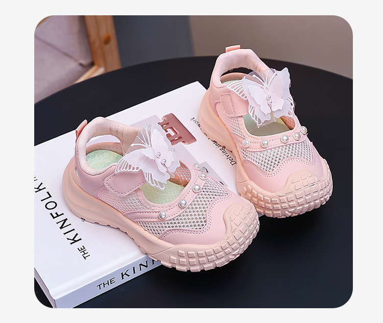 Niñas sandalias deportivas agujeradas 2026 verano nuevos zapatos casuales transpirables de malla para niños zapatos de mariposa perla princesa image 8