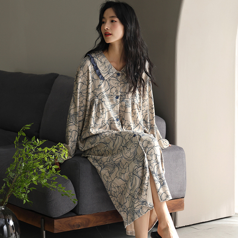 Pijamas de algodón primavera y otoño pijamas largos Cardigan de manga larga otoño y invierno ropa de hogar se puede usar fuera 2024 nuevo