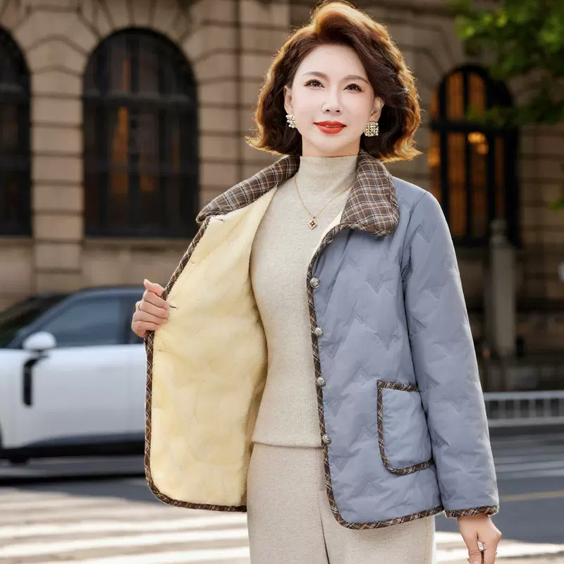 中年妈妈秋冬季新款加绒小棉衣时尚短款棉袄棉服中老年女冬装外套