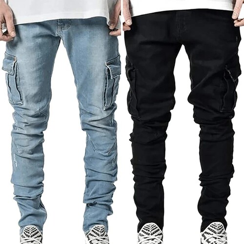 2025 European and American Men's Jeans with Multiple Pockets, Work Style, Tailored, Elastic, Side Pockets, Small Footprint