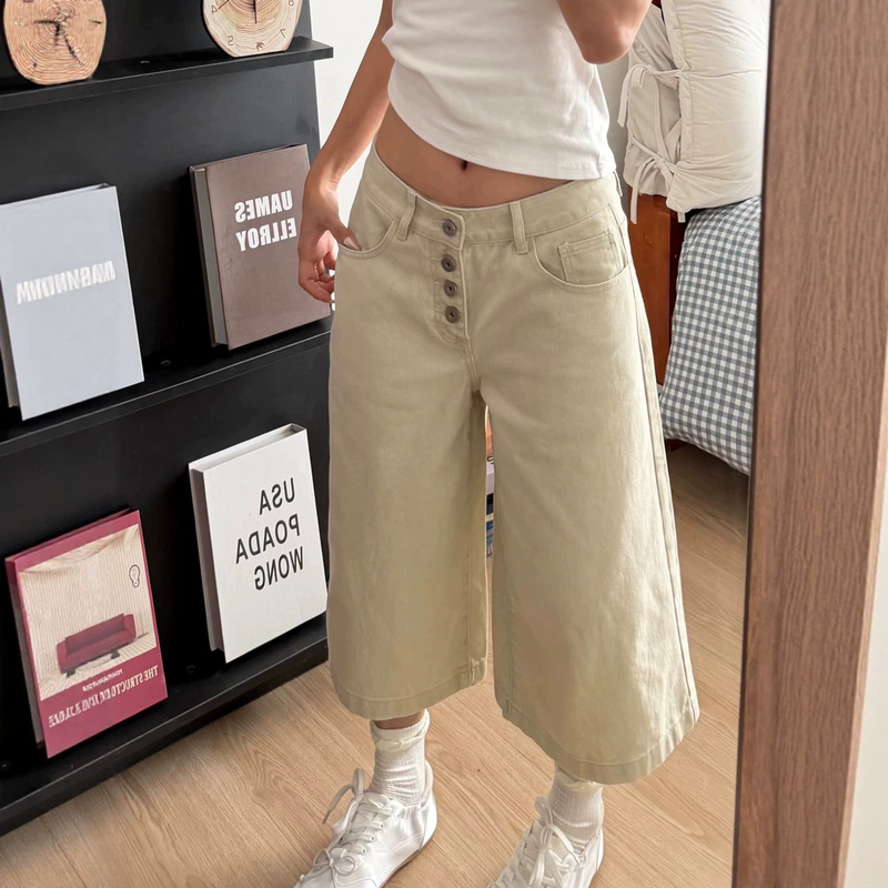 Khaki Loose Straight-Leg Cropped Jeans, New Summer Style, Low-Waist Slimming Cropped Wide-Leg Pants for Women