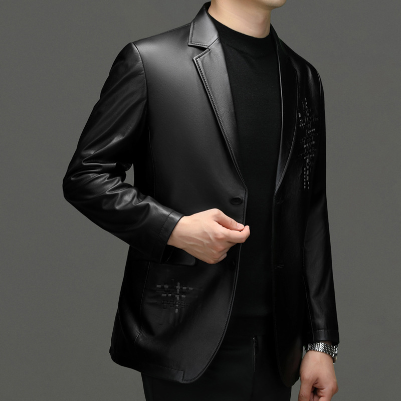 Haining Genuine Leather Jacket Men's Top Layer Cowhide Fashion Casual Middle-aged Suit Collar Spring And Autumn Jacket Men's Tops - 4
