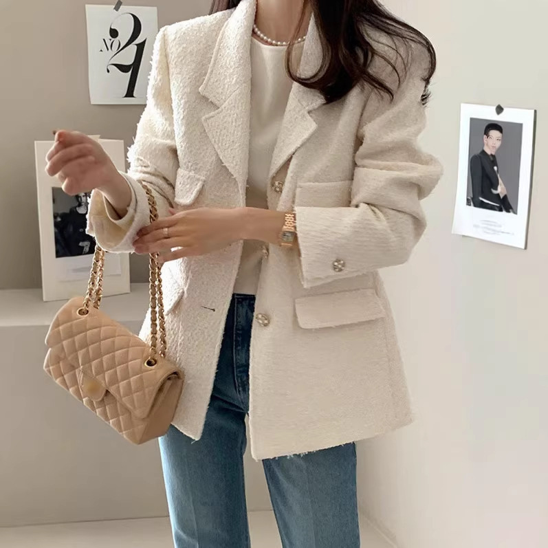 Cross-Border Elegant and Fashionable Korean Dongdaemun Chic Chanel-Style Slim-Fit Faux Pocket Tweed Blazer